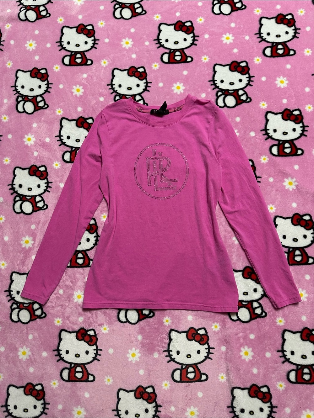 Lauren Ralph Lauren Hot Pink Long-Sleeve Rhinestone Logo Tee